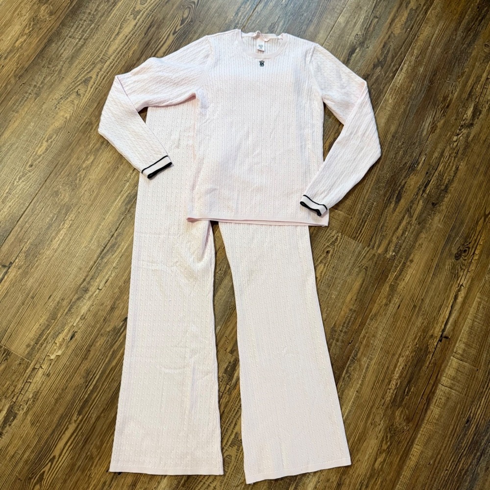 NWOT Victoria's Secret Lounge Set Women L Pink Cable Knit Flare Pants Pajamas